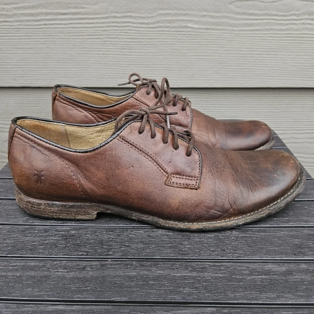 Frye Phillip Oxford 84570 Brown Leather Lace Up Plain Toe Oxfords Shoes Mens 10D